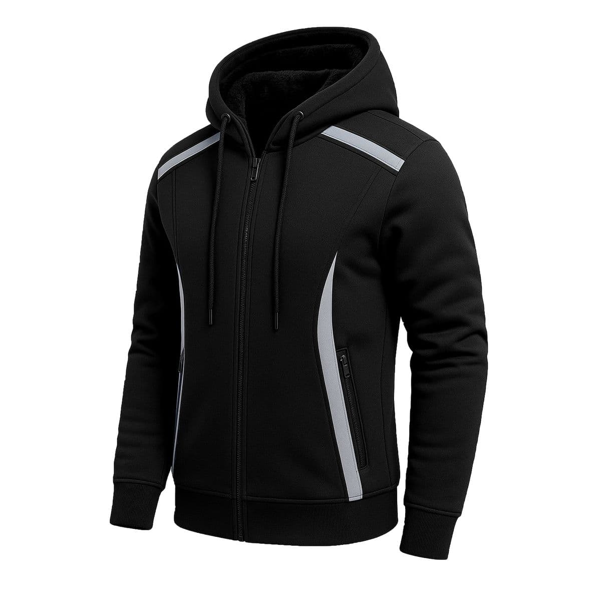 Men's Sherpa Fleece-Lined Reflective Tech Full Zip Hoodie - JMSHP-55 / BK / S