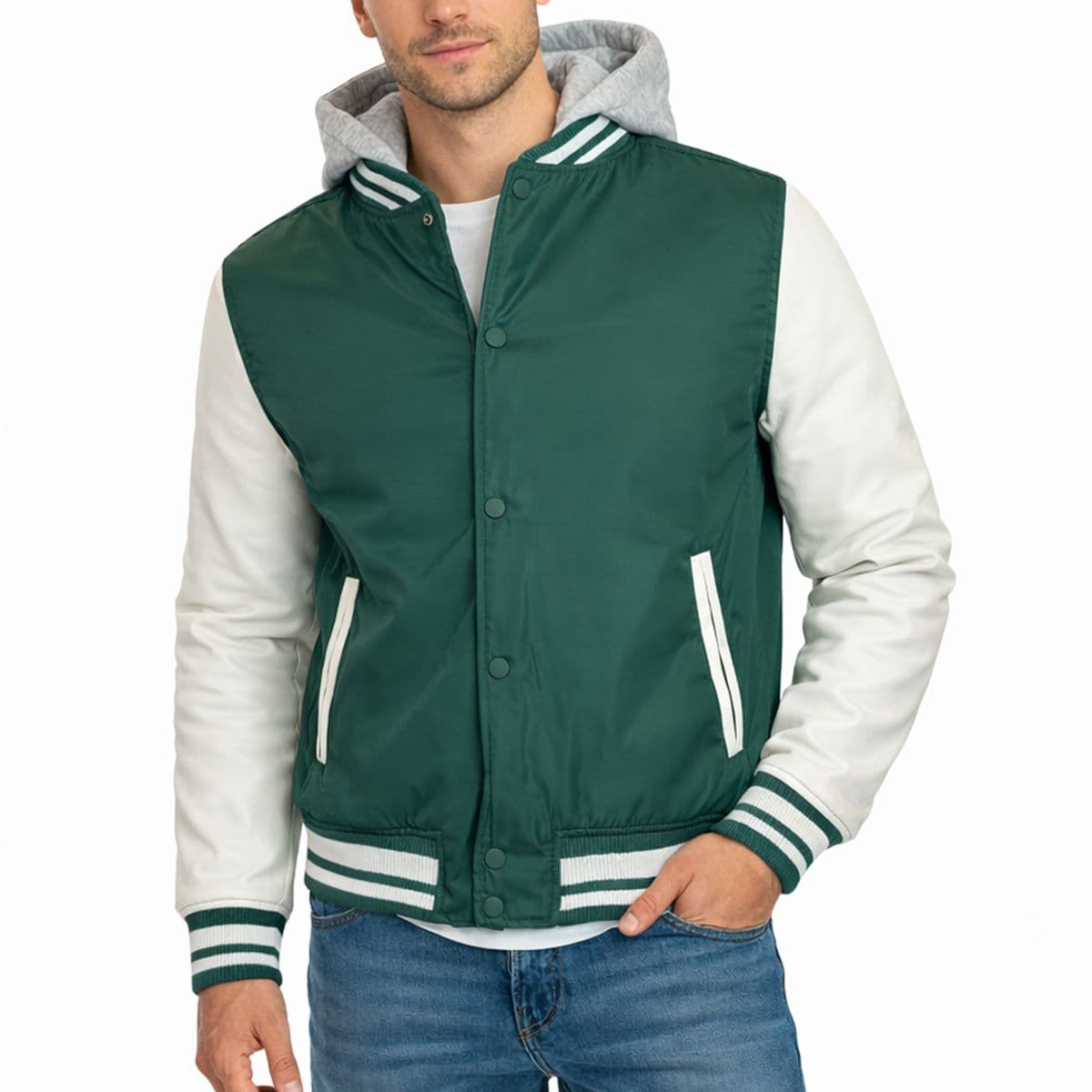 Men's Hooded Varsity Jacket with Detachable Hood - M/A16 - GR/WH - S
