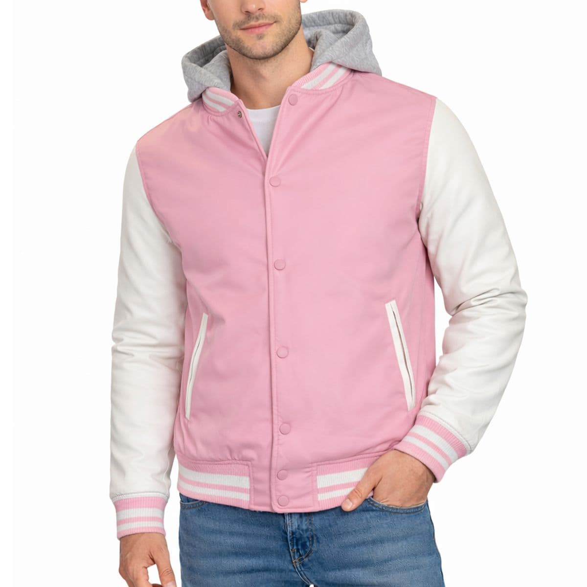 Men's Hooded Varsity Jacket with Detachable Hood - M/A16 - PK/WH - S