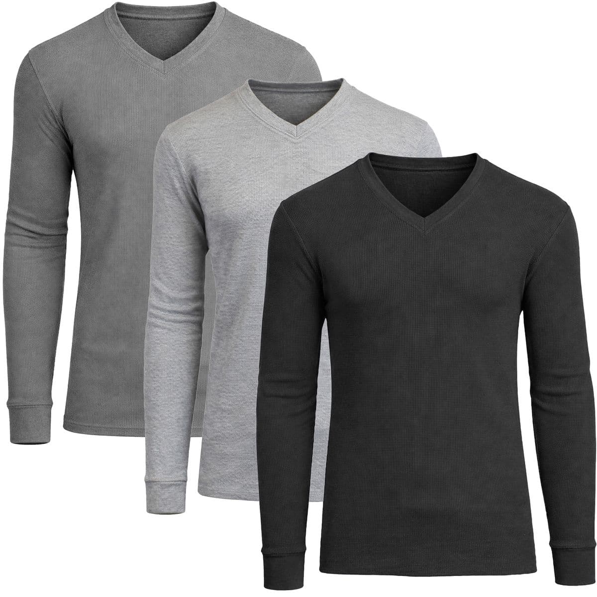 Men’s Long Sleeve V-Neck Waffle Knit Thermal Shirt (3-Pack) - MVTH-6875-BK-CH-HG - S